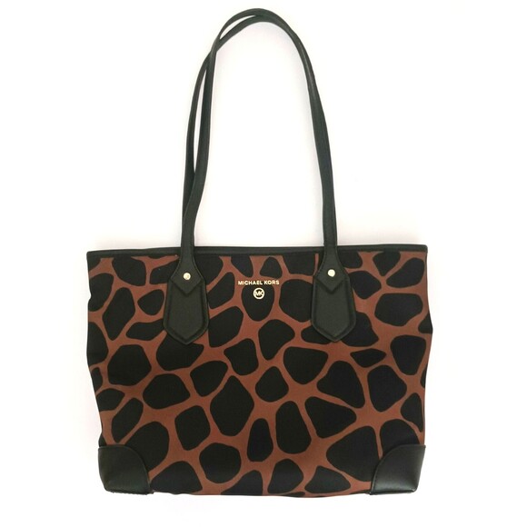 Michael Kors Eva Tote Brown Black Animal Print Nylon Blk Leather Trim - Picture 1 of 11